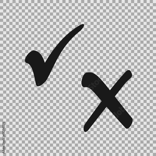 Check box list icons tick and cross, black marks isolated on transparent background. Vector illustration