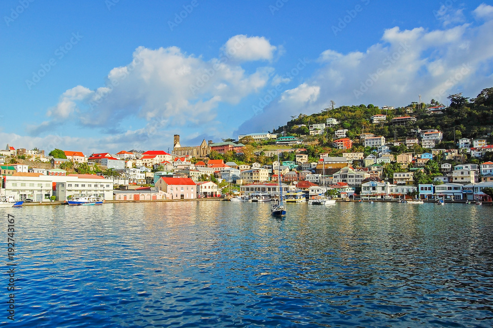 View of Saint George's harbor, capital of Grenada island, Caribbean region of Lesser Antilles