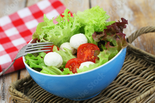 Fresh salad with mozzarella, lettuce and cherry tomatoes in blue bowl

