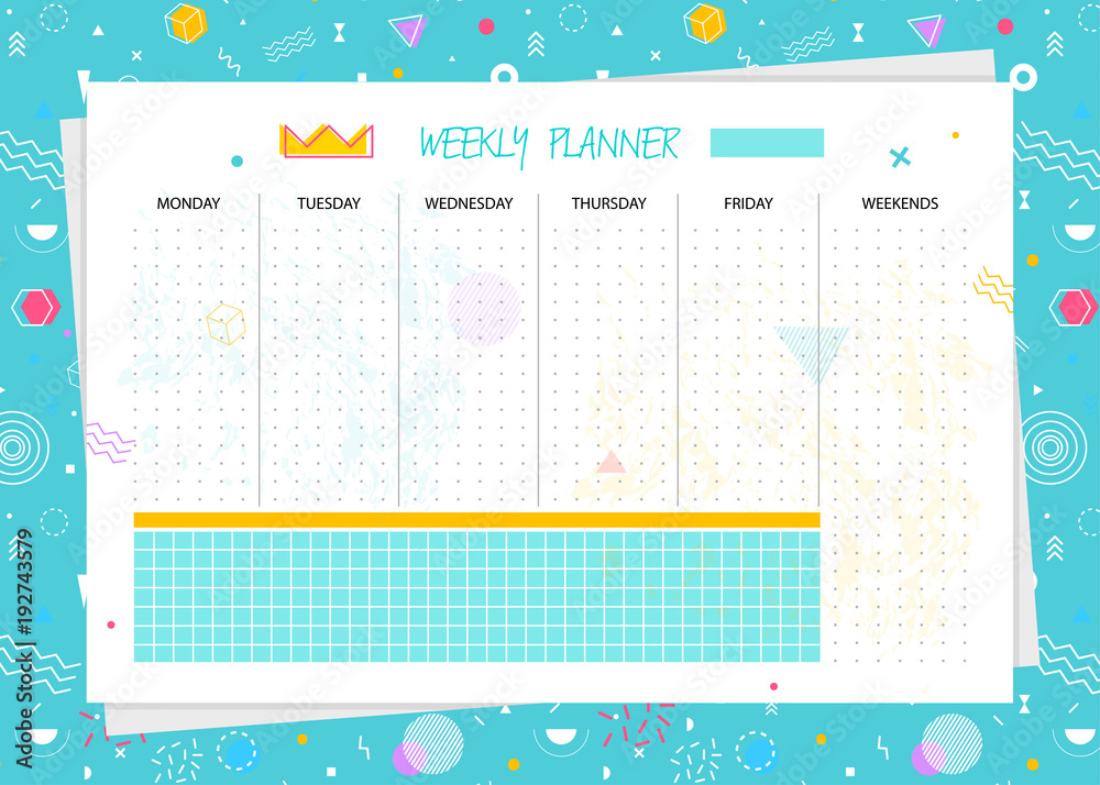 Vector weekly planner. Organizer and schedule template. Memphis style. eps