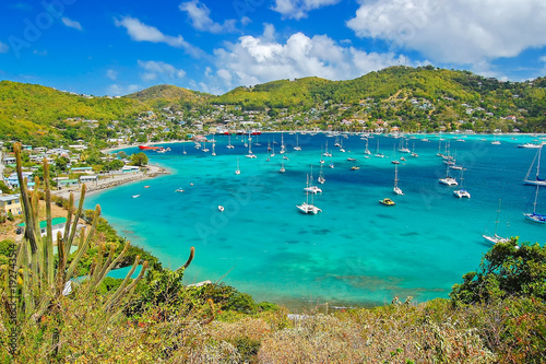 View of Admiralty bay with harbor from Hamilton Fort on Bequia Island, Caribbean Sea region of Lesser Antilles photo