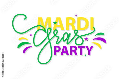 Mardi Gras Party. Vector illustration Handwritten modern brush lettering of Mardi Gras with stars on white background