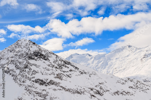 View of beautiful mountain peaks covered with fresh snow during winter season, Obergurgl-Hochgurgl ski area, Austria