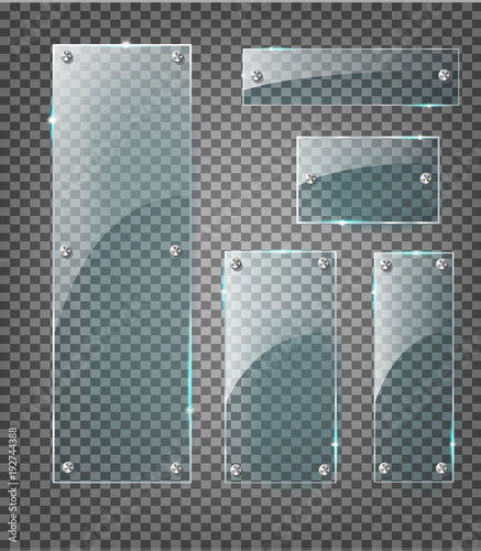 Vector modern transparent glass plates set on sample background.
