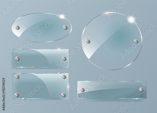 Transparent Glass plates set. Square shape, rectangle and round circle. See through mock up with mounts.