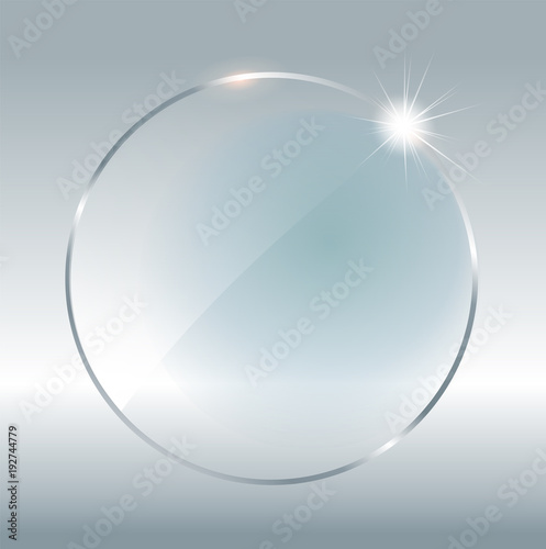 Transparent round circle. See through element on checkered background. Plastic banner with reflection and shadow. Glass plate mock up.