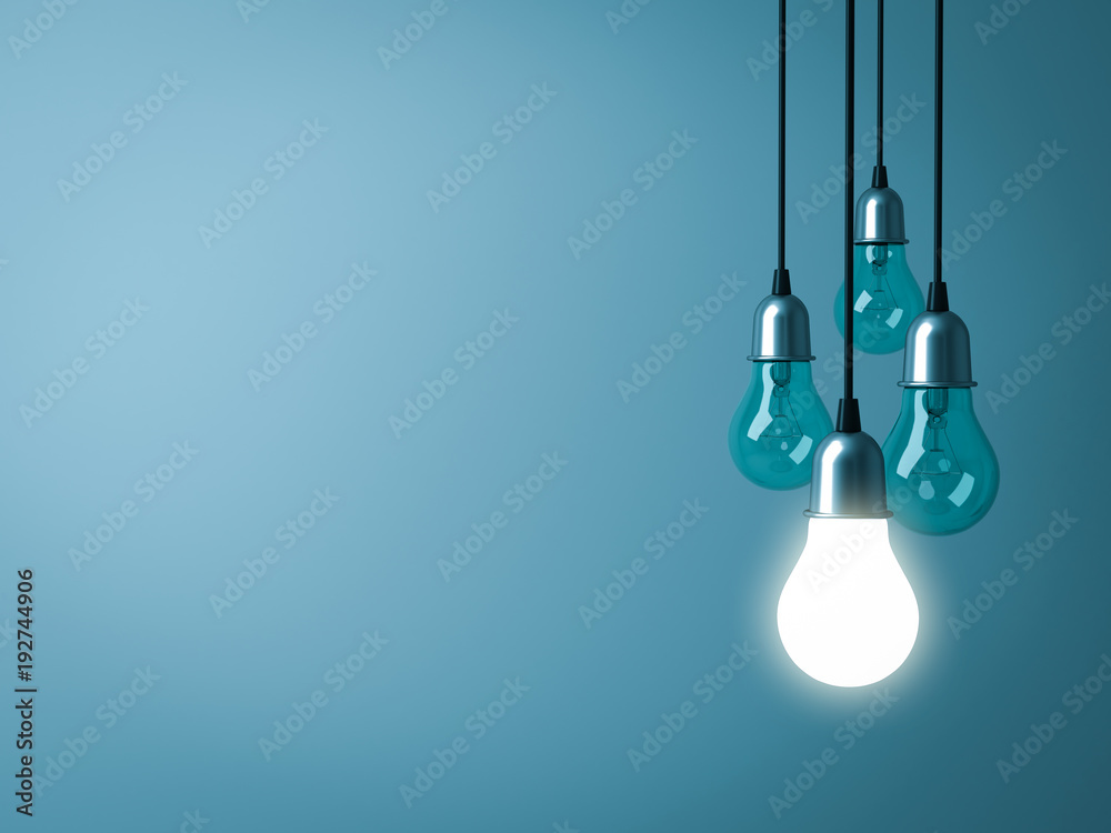 One hanging light bulb glowing with unlit incandescent bulbs on dark green pastel color background. 3D rendering. One hanging light bulb glowing with unlit incandescent bulbs on dark green pastel color background. 3D rendering.