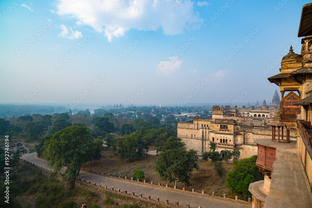 Orchha Palace, Madhya Pradesh. Also spelled Orcha, famous travel destination in India. Wide angle.