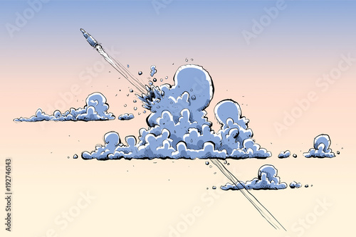 A cartoon of a rocket launching and bursting through the clouds on its way to outer space.
