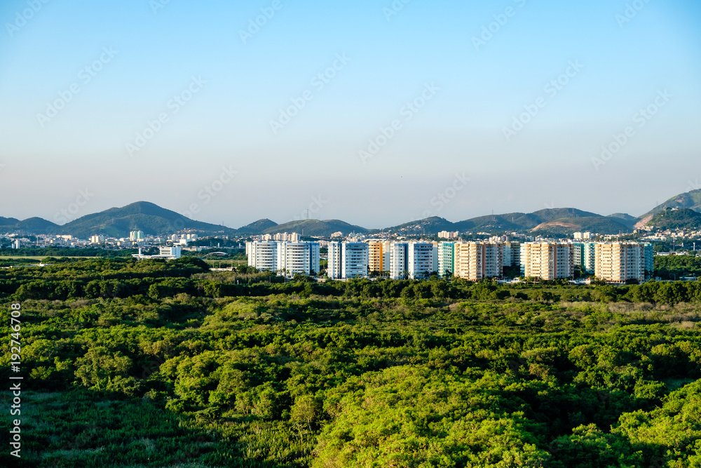 Forest landscape with condos in  the background, near Vila Panamericana, Barra da Tijuca, Rio de Janeiro