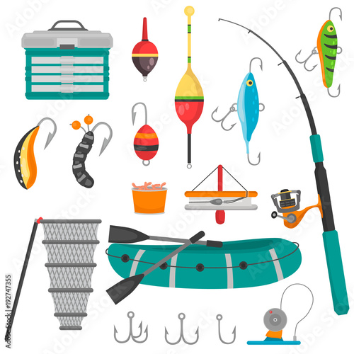 Differeent fishing equipment color flat icons set