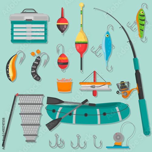 Differeent fishing equipment color flat icons set photo