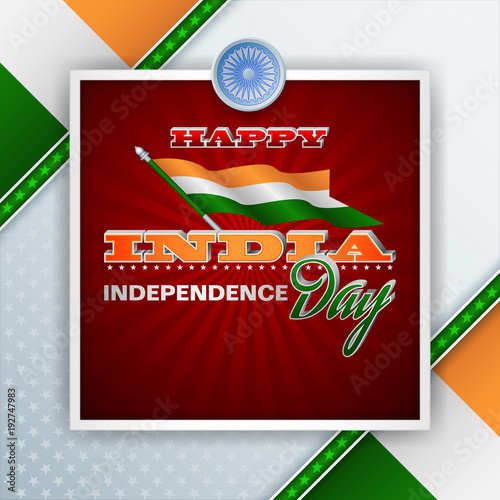 Holiday design, background with 3d texts, national flag colors and spinning wheel,for India Independence day, celebration 