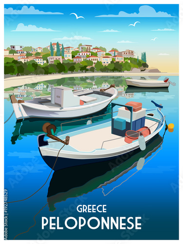 Summer day on the promenade of small town in Peloponnese, Greece. Handmade drawing vector illustration. Retro style.