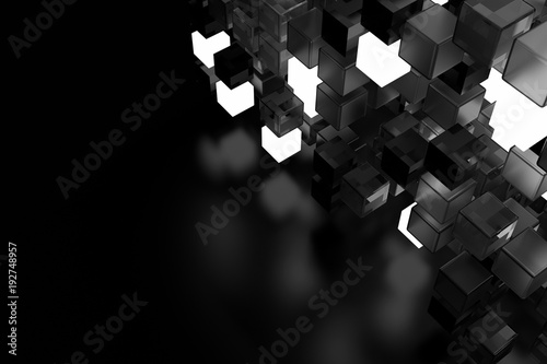 3d render abstract background.  A stack of cubes with different materials. Grid structure made of square geometry form. Digital Concept. 3D cube`s grid. photo