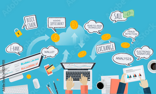 Blockchain technology. Flat design style web banner of blockchain technology, bitcoin, altcoins, cryptocurrency mining, finance, digital money market, cryptocoin wallet, crypto exchange. 