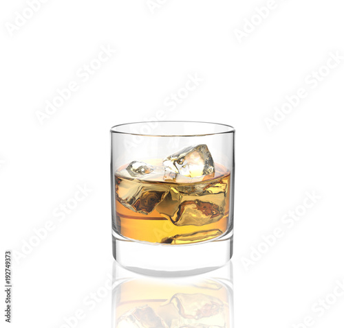 glass of whiskey with ice with white background