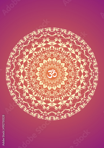 Mandala with the symbol aum on a purple background. Artistic background. Vector graphics 