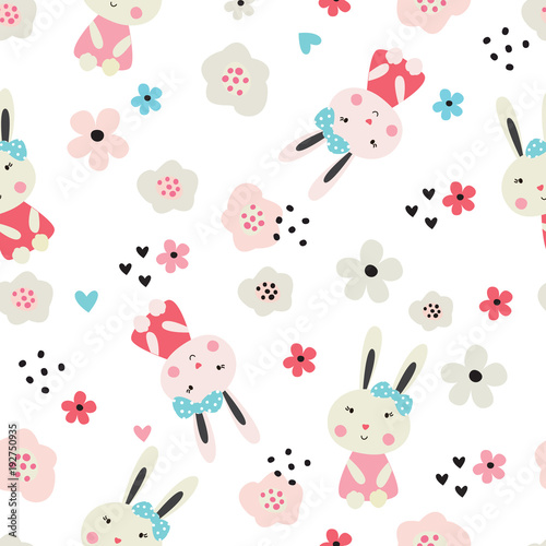 Fototapeta Naklejka Na Ścianę i Meble -  Seamless pattern with cute rabbits and flowers