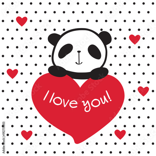 Fototapeta Naklejka Na Ścianę i Meble -  Greeting card with hand drawn cute panda and hearts for Valentine's Day, Mother's Day, Father's Day, birthday, wedding. Vector.