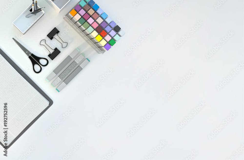 Modern work space with stationery set on white color background. Top view. Flat lay. 3D illustration