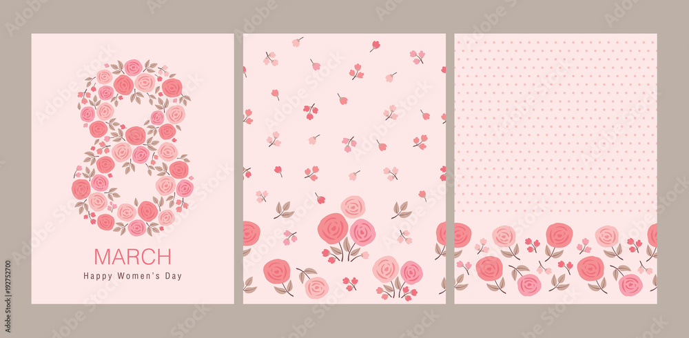 Greeting card with March 8. International Women's Day. 8 shape with roses and leaves. Seamless pattern with pink flowers for textile, wallpapers, gift wrap and scrapbook. Vector.