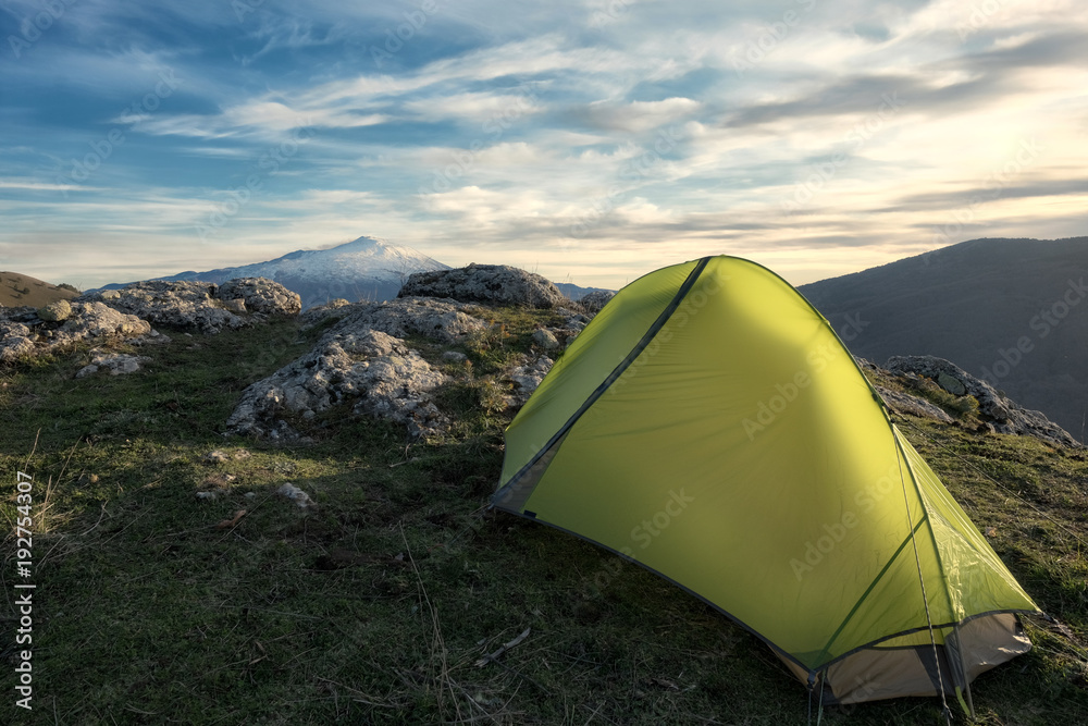 Tent On Nebrodi Mountains, On Background Snowy Etna Mount, Sicily