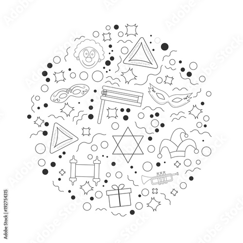 Purim holiday flat design black thin line icons set in round shape