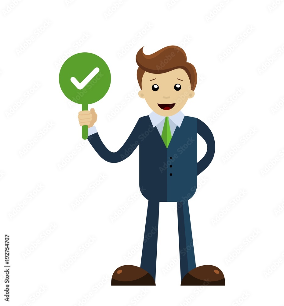 Businessman holds green sign with check mark (tick icon)