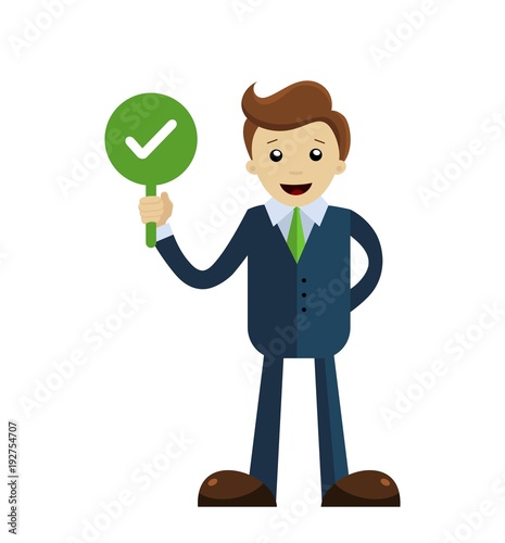 Businessman holds green sign with check mark (tick icon)