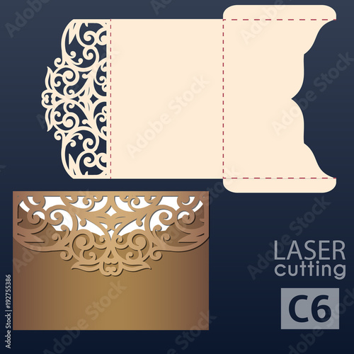 Laser cut wedding invitation card template vector. Wedding invitation or greeting envelope with abstract ornament. Open card. Suitable for greeting cards, invitations, menus.