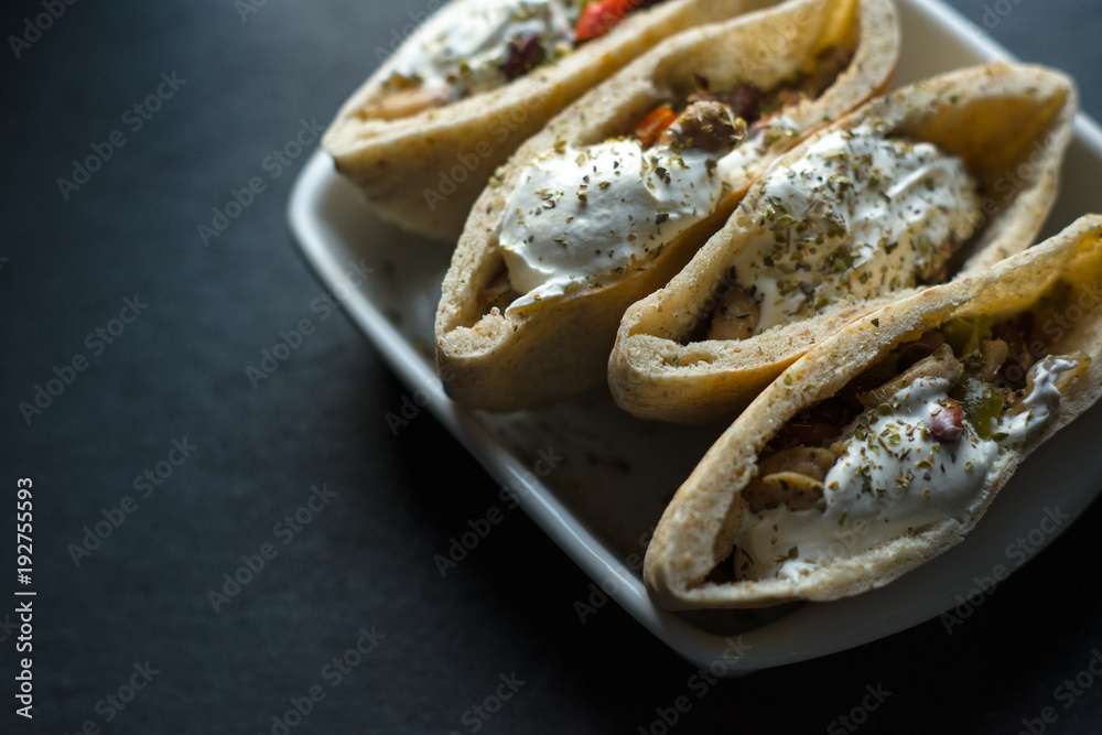 Stuffed tortilla stuffed with chicken and vegetables. Fajita Stuffed tortilla stuffed with chicken and vegetables. Fajita
