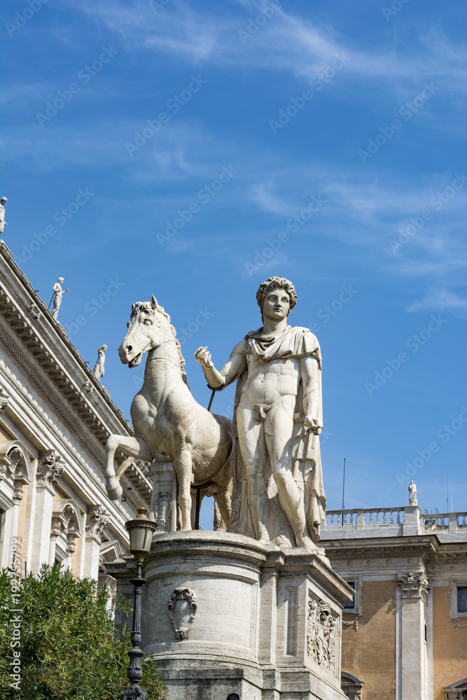 Marble statues of the Dioscuri, Castor and Pollux on the top of Capitoline Hill and Piazza del Campidoglio, Rome, Italy.