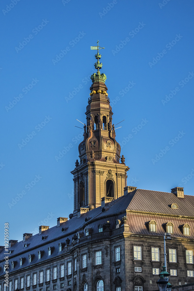 Tower of old Christiansborg Palace. Christiansborg Palace on Slotsholmen island, contains Danish Parliament (Folketinget), Supreme Court and Ministry of State. Copenhagen, Denmark.