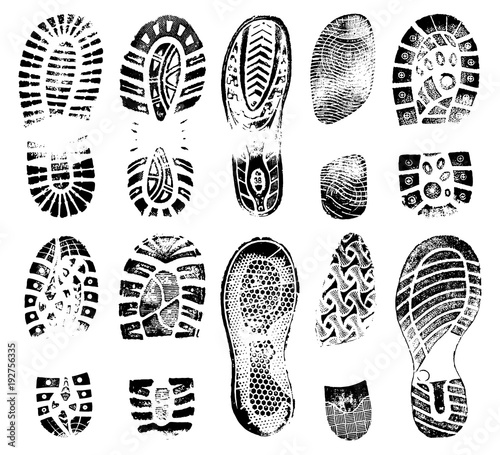 Fényképezés Footprints human shoes silhouette, vector set, traces of boot