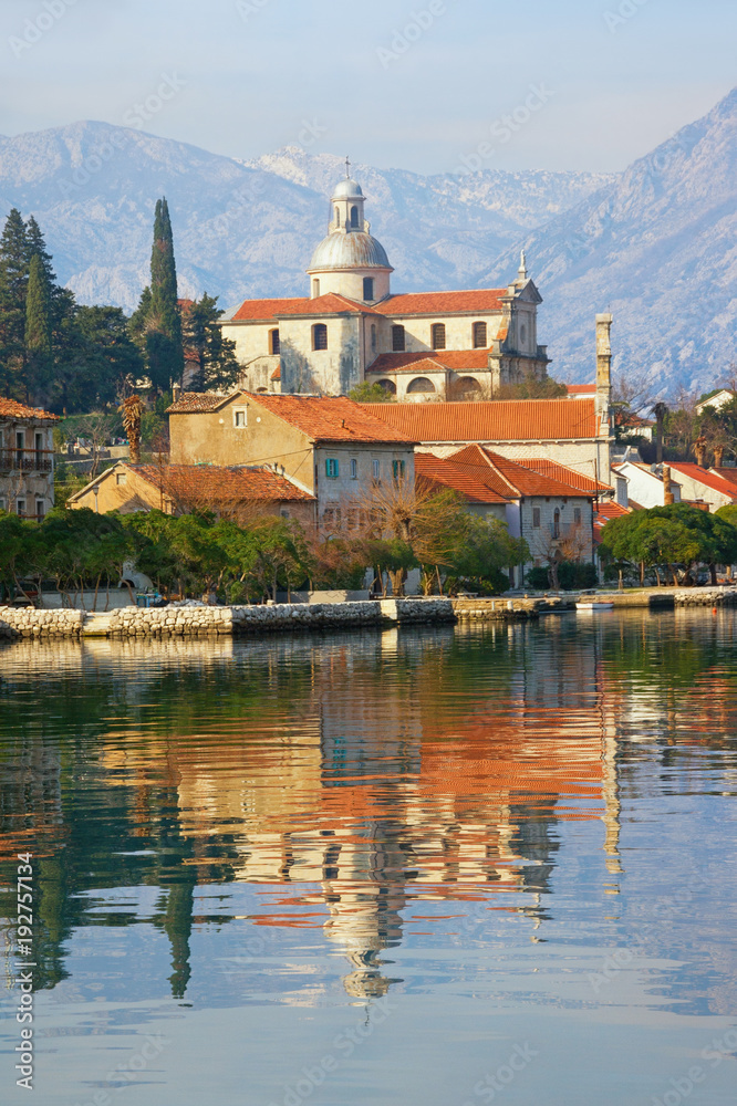 Winter Mediterranean landscape. Montenegro, view of Bay of Kotor, Prcanj town and Birth of Our Lady Church