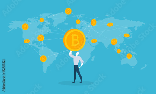 Bitcoin market. Flat design style web banner of blockchain technology, bitcoin, altcoins, cryptocurrency mining, finance, digital money market, cryptocoin wallet, crypto exchange. 
