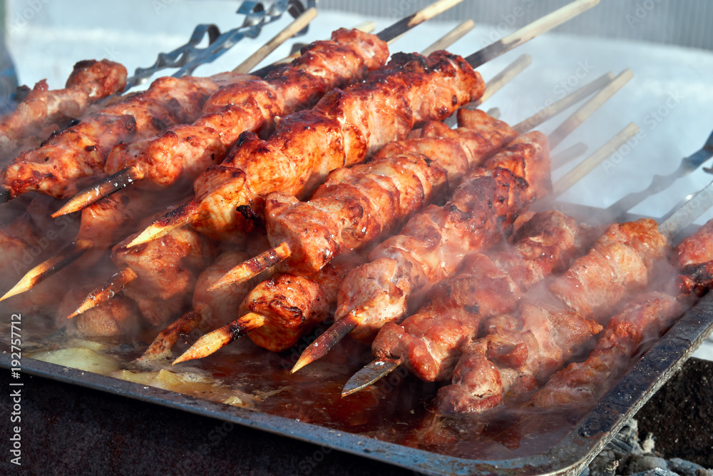 Marinated meat shashlik on preparing on barbecue grill. Roast Beef Kebabs being on BBQ in steam and smoke. Closeup of meat skewers over charcoal.