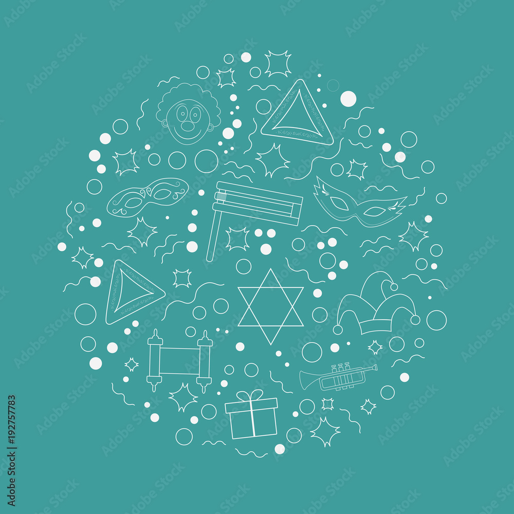 Fototapeta premium Purim holiday flat design white thin line icons set in round shape