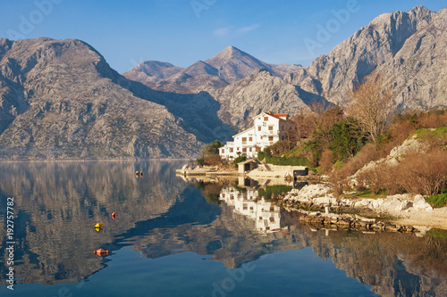 Mountains and coast with white building are reflected in the water. Montenegro, Bay of Kotor, Dobrota town, winter