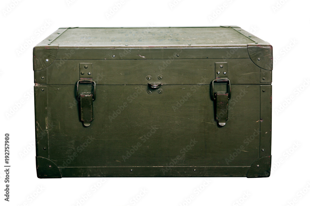 Vintage old military box green storage ammunition lock cloth scratches war dirty broken conflict