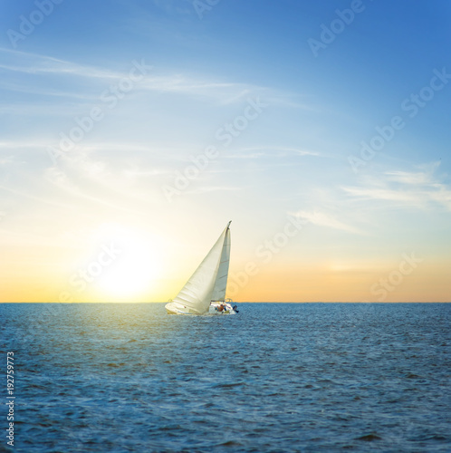 white alone sail yacht among a sea at the sunset