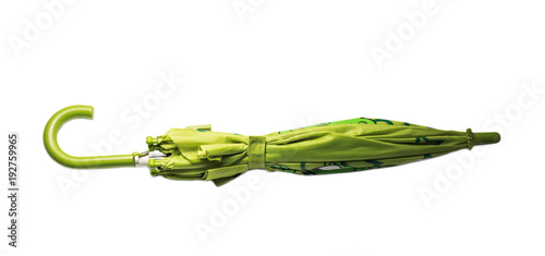 Unopened green umbrella isolated on white background