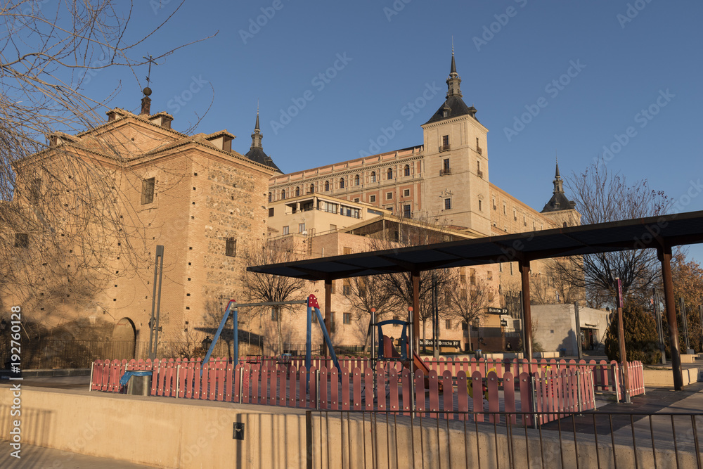 Beautiful view of the Alcazar de Toledo from the Corralillo de San Miguel in Toledo, Castilla La Mancha, Spain