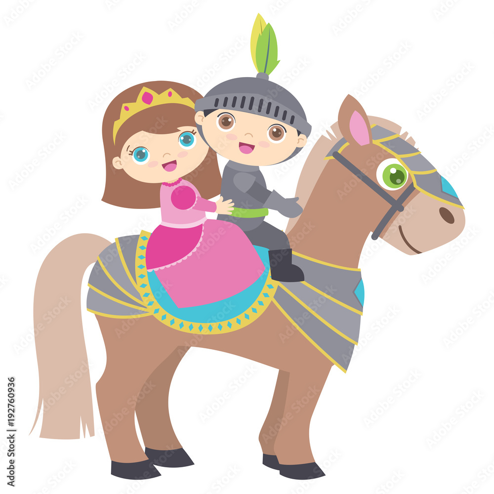 Cute Little Princess and Knight Riding a Horse Flat Vector Illustration ...