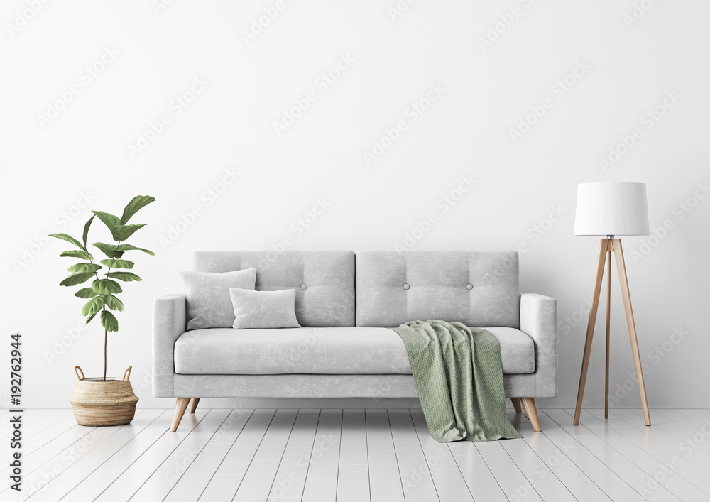 Living room interior with gray velvet sofa, pillows, green plaid, lamp and fiddle leaf tree in wicker basket on white wall background. 3D rendering. - obrazy, fototapety, plakaty 
