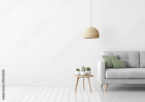 Living room interior with gray velvet sofa, pillows, green plaid, lamp and fiddle leaf tree in wicker basket on white wall background. 3D rendering.