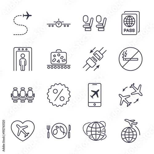 Airplane and airport icons set on the white background. Seat belt, airplane, suitcase, no smoking, discount. Exclusive Symbols. Editable stroke