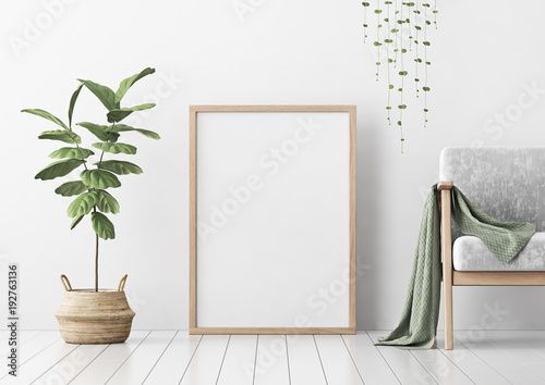Fototapeta Naklejka Na Ścianę i Meble -  Living room interior with gray velvet sofa, pillows, green plaid, lamp and fiddle leaf tree in wicker basket on white wall background. 3D rendering.
