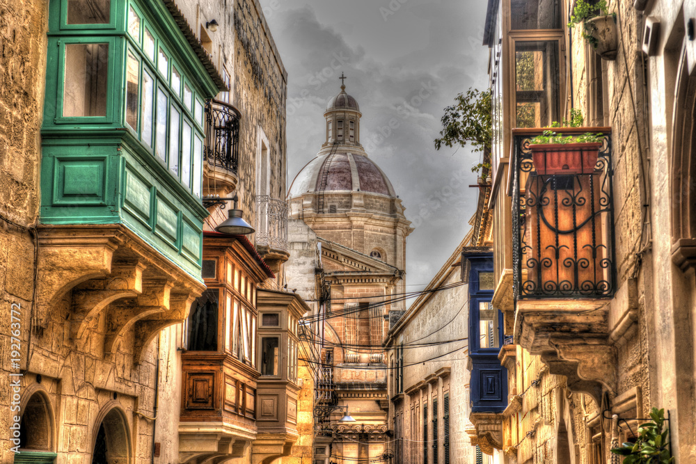 Streets of Malta, balconies and cathedral